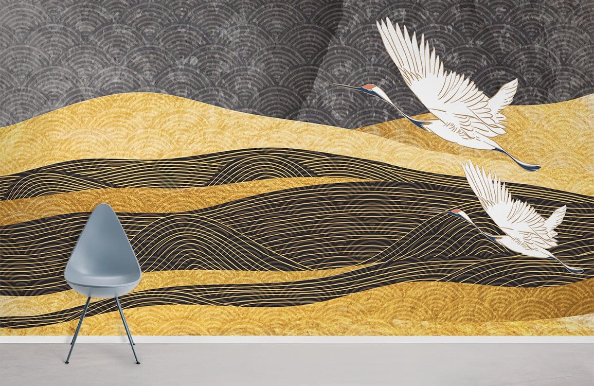 Elegant gold and grey crane mural wallpaper, wave pattern, grey chair, modern room design.