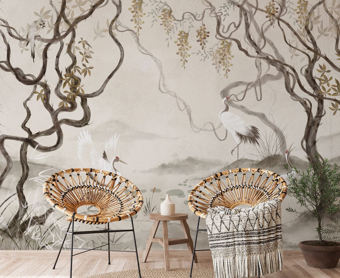 Serene Crane Landscape Mural Wallpaper in natural tones, wicker chairs, and wooden floor in living room.