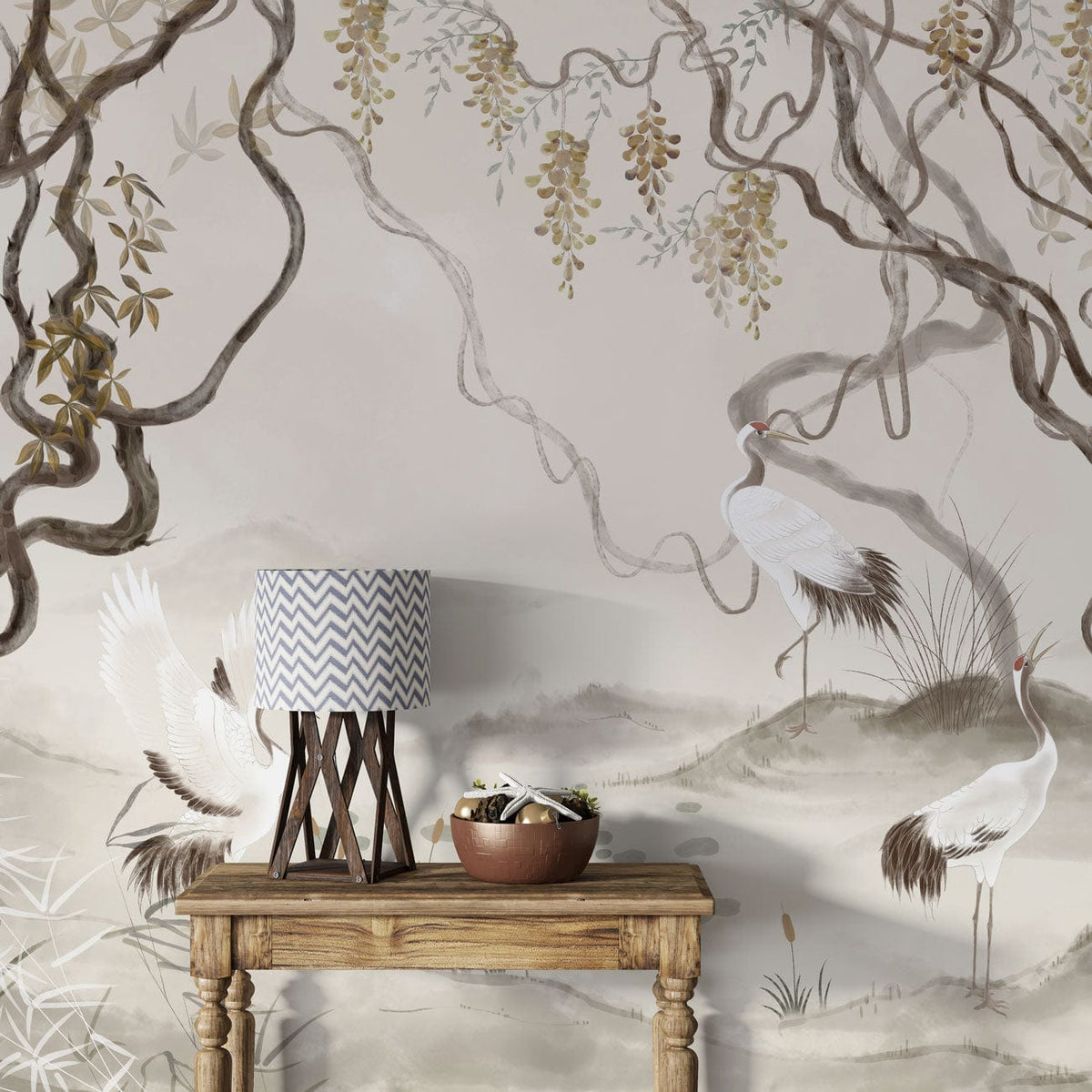 Crane mural wallpaper with natural tones, wooden table, zigzag lamp, serene landscape design in living room.