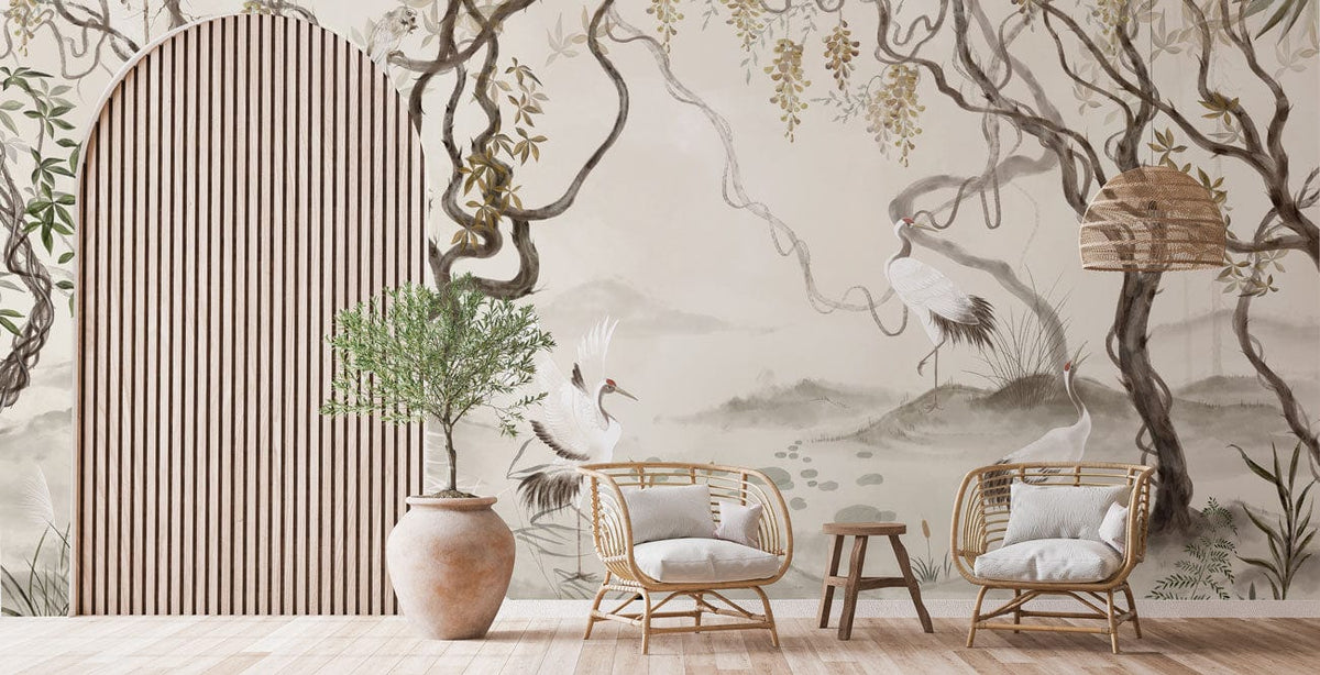 Serene Crane Landscape Mural Wallpaper in natural tones, wooden flooring, wicker chairs, and neutral decor.