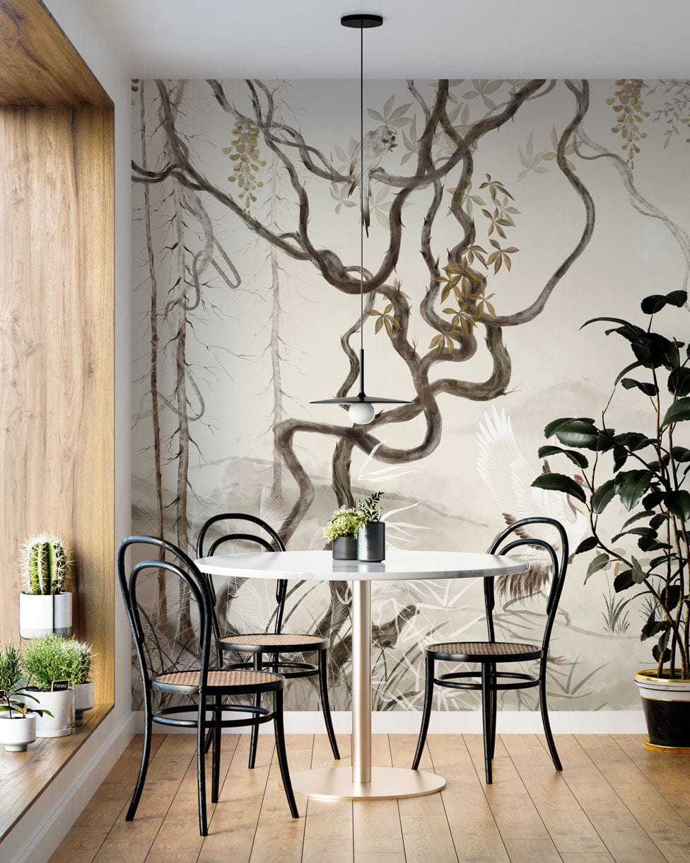 Serene Crane Landscape Mural Wallpaper in dining room with black chairs, light wood flooring.