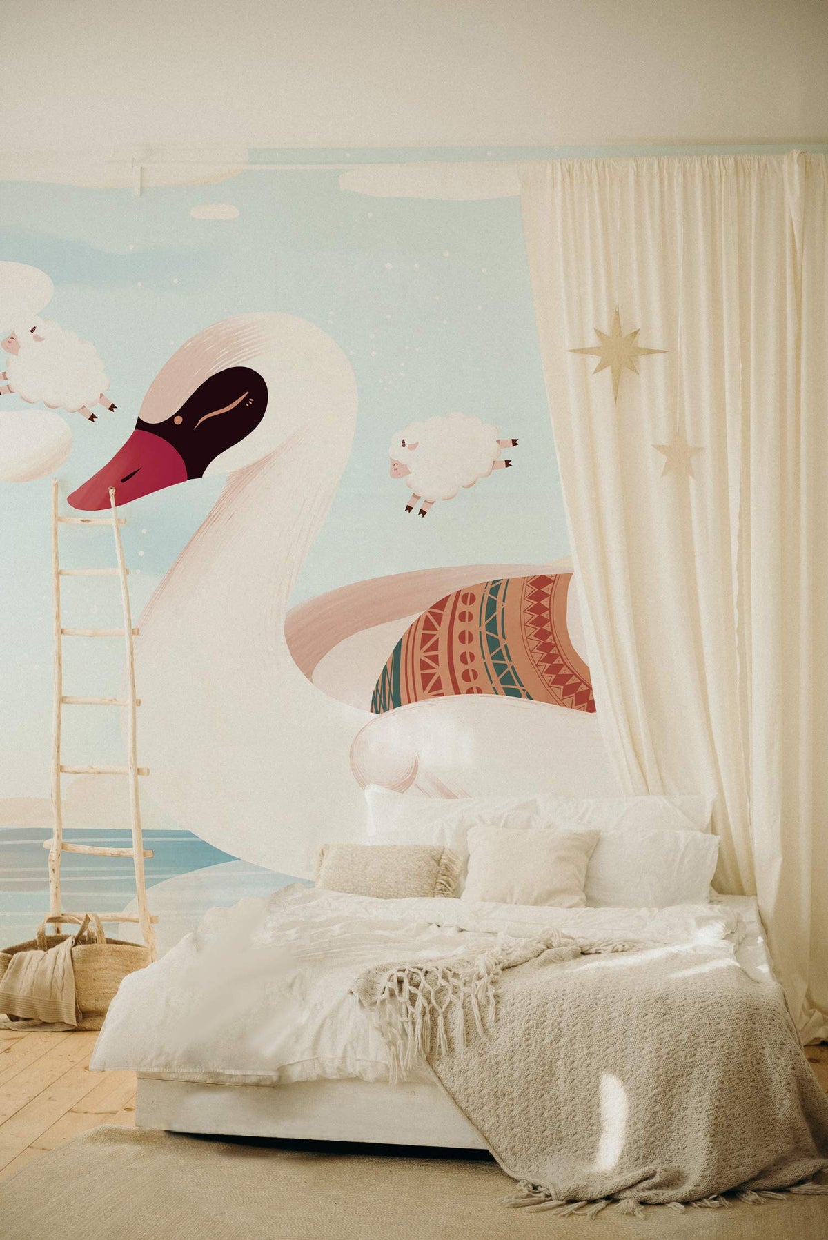 Children's bedroom with Dreamy Swan mural, pastel tones, cosy bed, light wood floor, soft drapes.