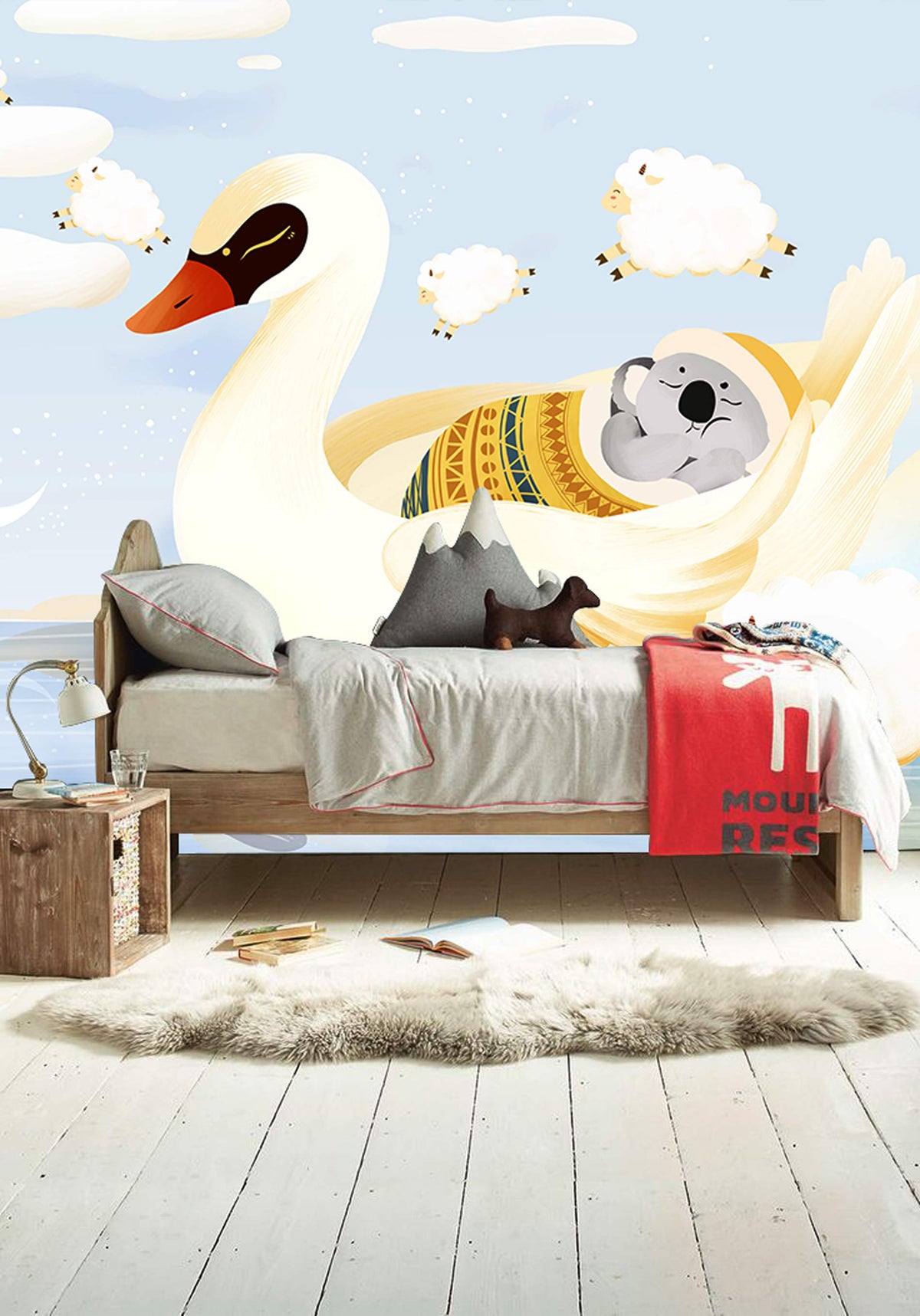 Dreamy Swan Adventure mural wallpaper in kids' nursery with wooden bed, light flooring, cosy decor.