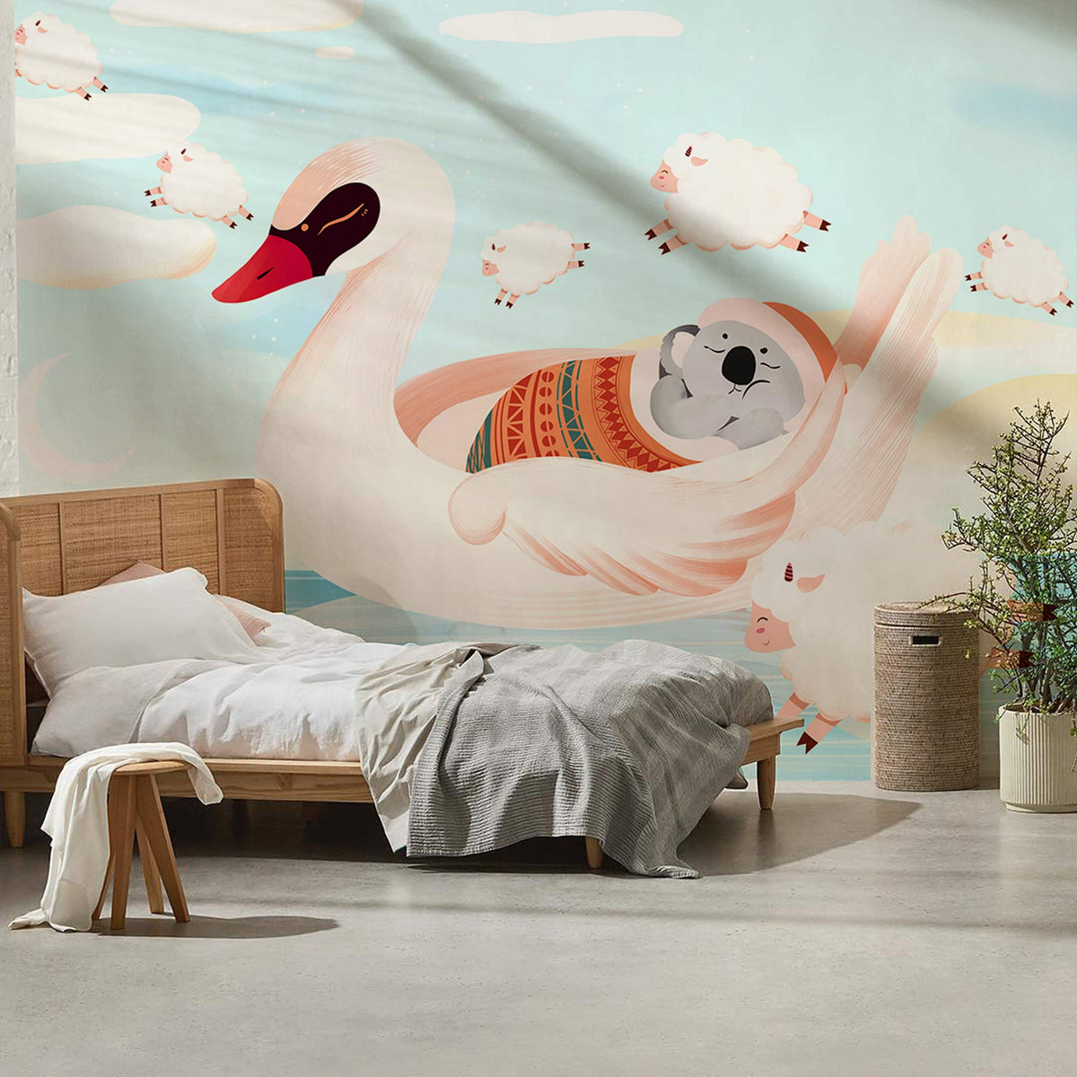 Children's room with Dreamy Swan mural wallpaper, pastel tones, wooden bed, grey bedding, and light flooring.
