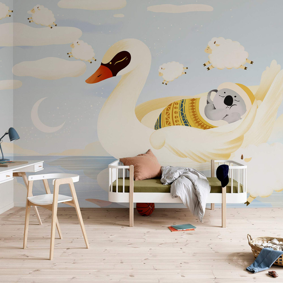 Dreamy Swan Adventure Kids' mural in pastel nursery with white desk, chair, and wooden flooring.