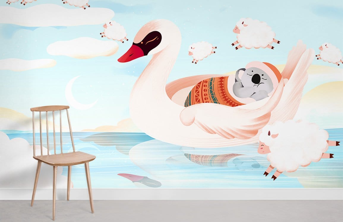 Dreamy Swan wallpaper in pastel colours; wooden chair; children's room decor; floating sheep design.