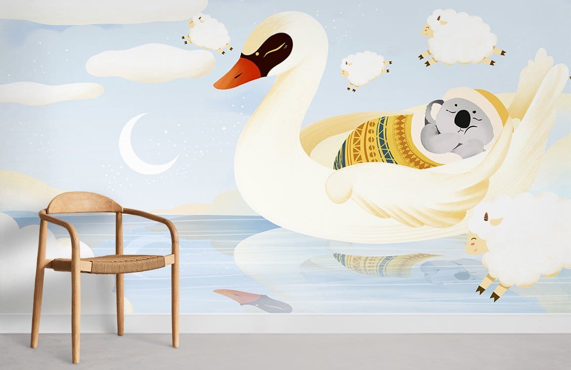 Dreamy Swan Adventure Kids' mural wallpaper, pastel nursery decor, wooden chair, light flooring.