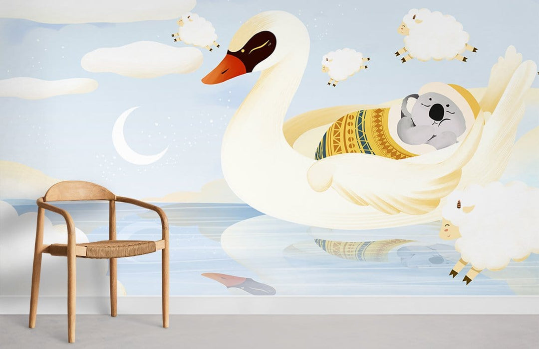 Dreamy Swan Adventure Kids' mural wallpaper, pastel nursery decor, wooden chair, light flooring.