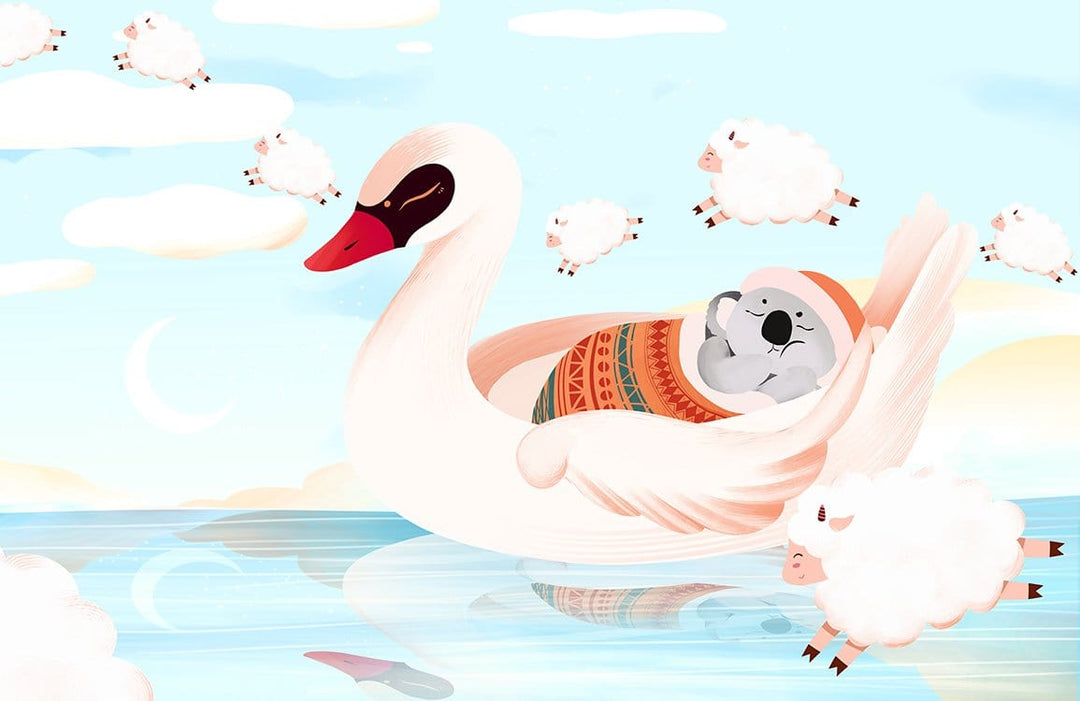 Dreamy Swan and Clouds Children's Mural Wallpaper in Soothing Pastel Tones