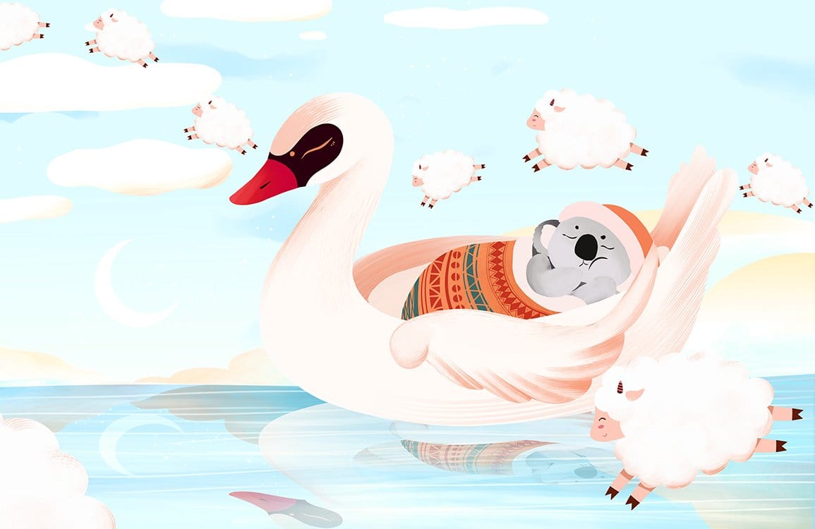 Dreamy Swan and Clouds Children's Mural Wallpaper in Soothing Pastel Tones