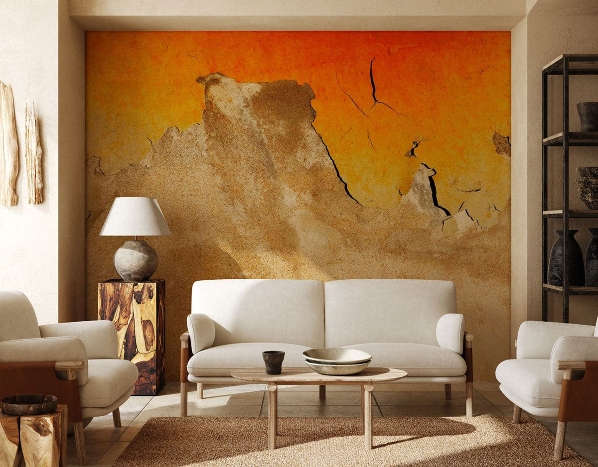 Rustic Sunset Mural Wallpaper in living room with cream sofas, wooden furniture, and warm decor accents.