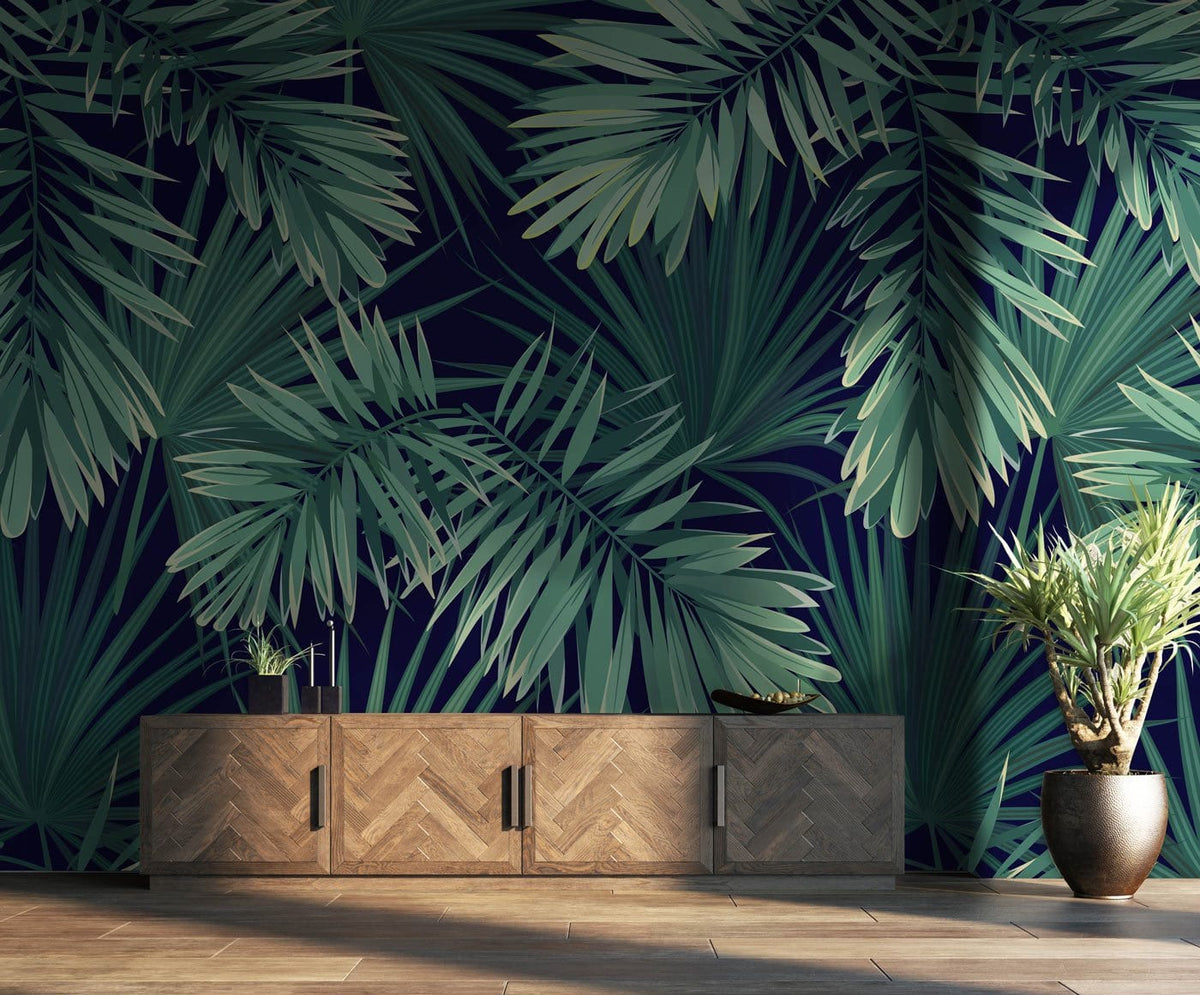 Tropical Palm Leaf wallpaper, green botanical design, wooden sideboard, tiled flooring, decorative indoor plant.