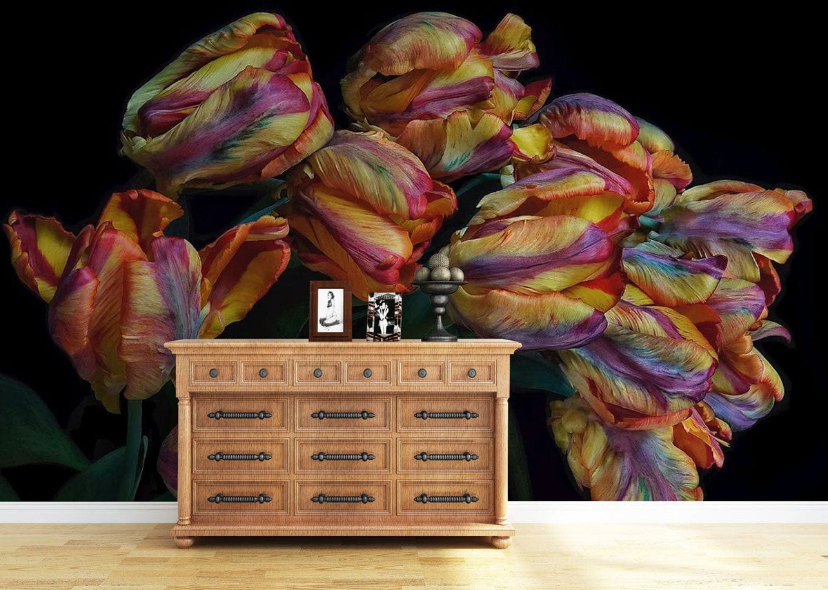 Colourful Baroque Tulip Mural Wallpaper with wooden chest, vibrant floral elegance for a stylish interior.