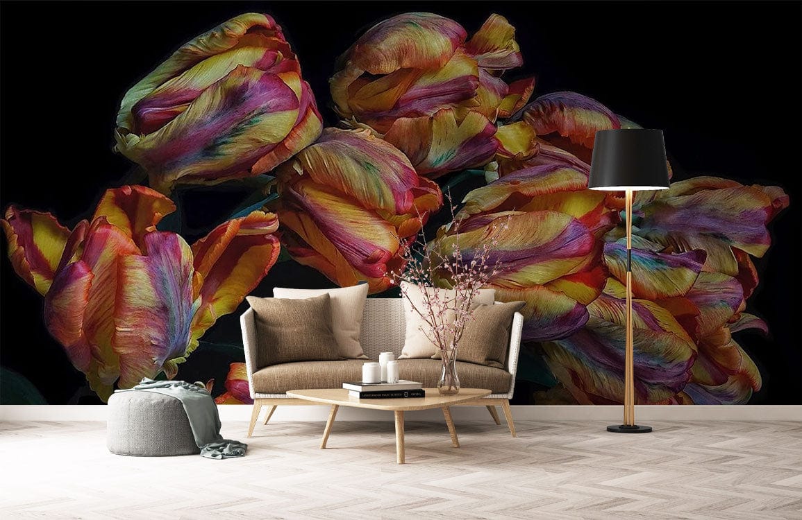 Colourful Baroque Tulip Mural Wallpaper with beige sofa, chevron flooring, black floor lamp in living room.