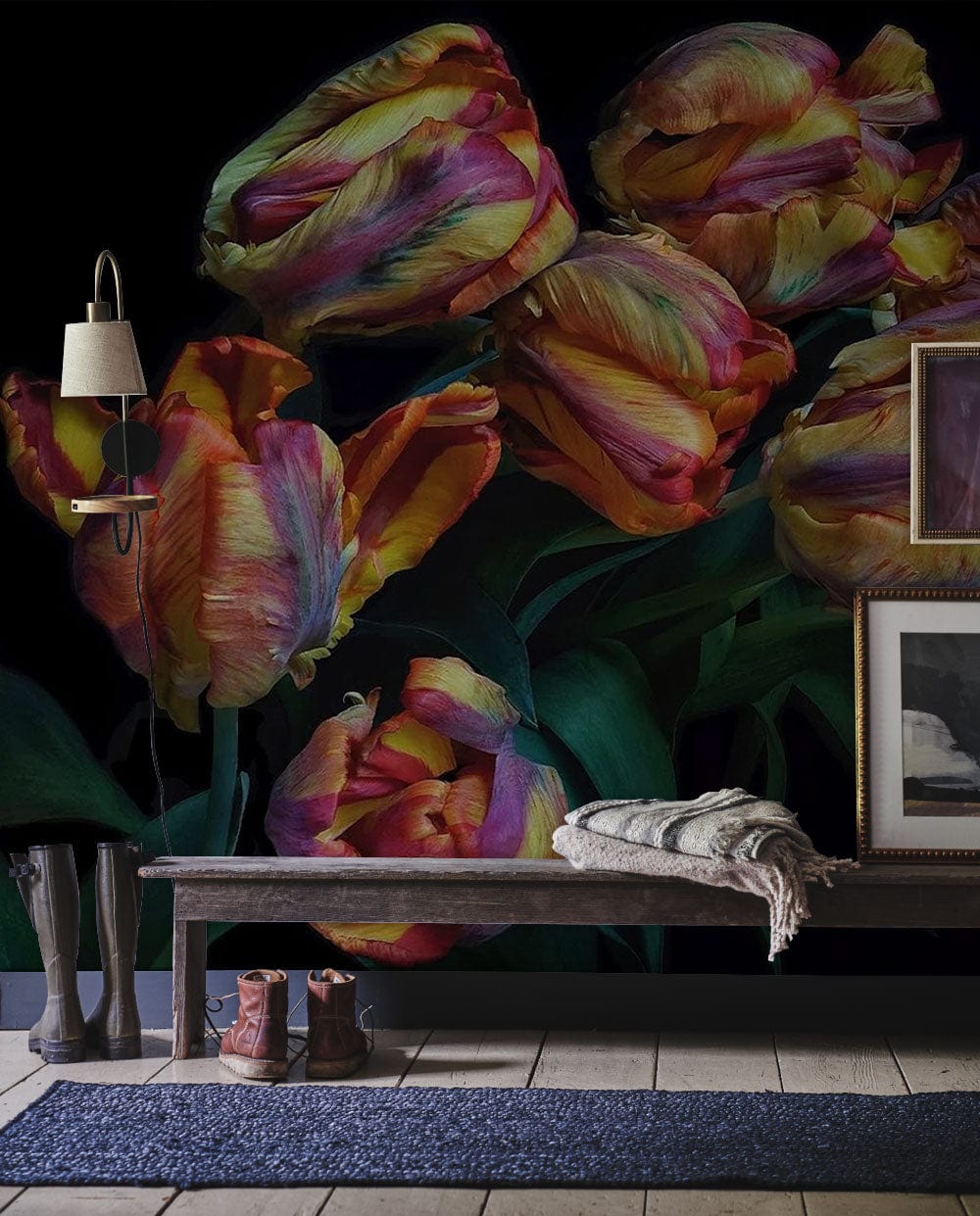 Colourful Baroque Tulip Mural Wallpaper; vibrant floral wall; rustic bench; blue rug; cosy hallway.