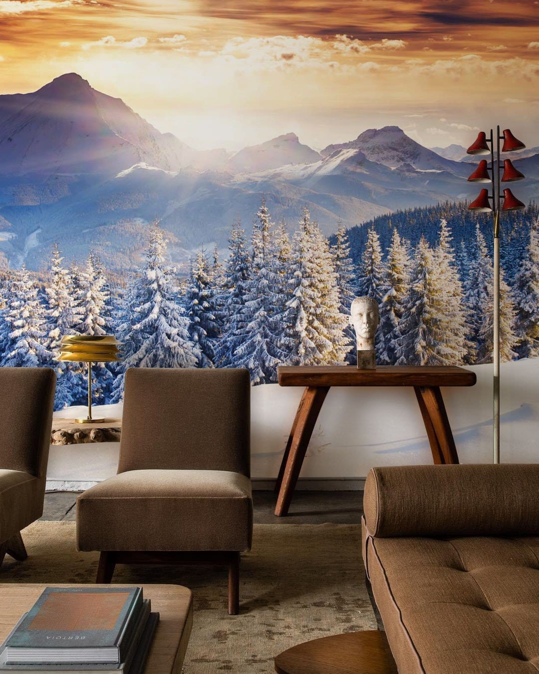 Majestic Snowy Mountain Landscape Mural Wallpaper, brown furniture, contemporary living room, grey flooring, warm tones.