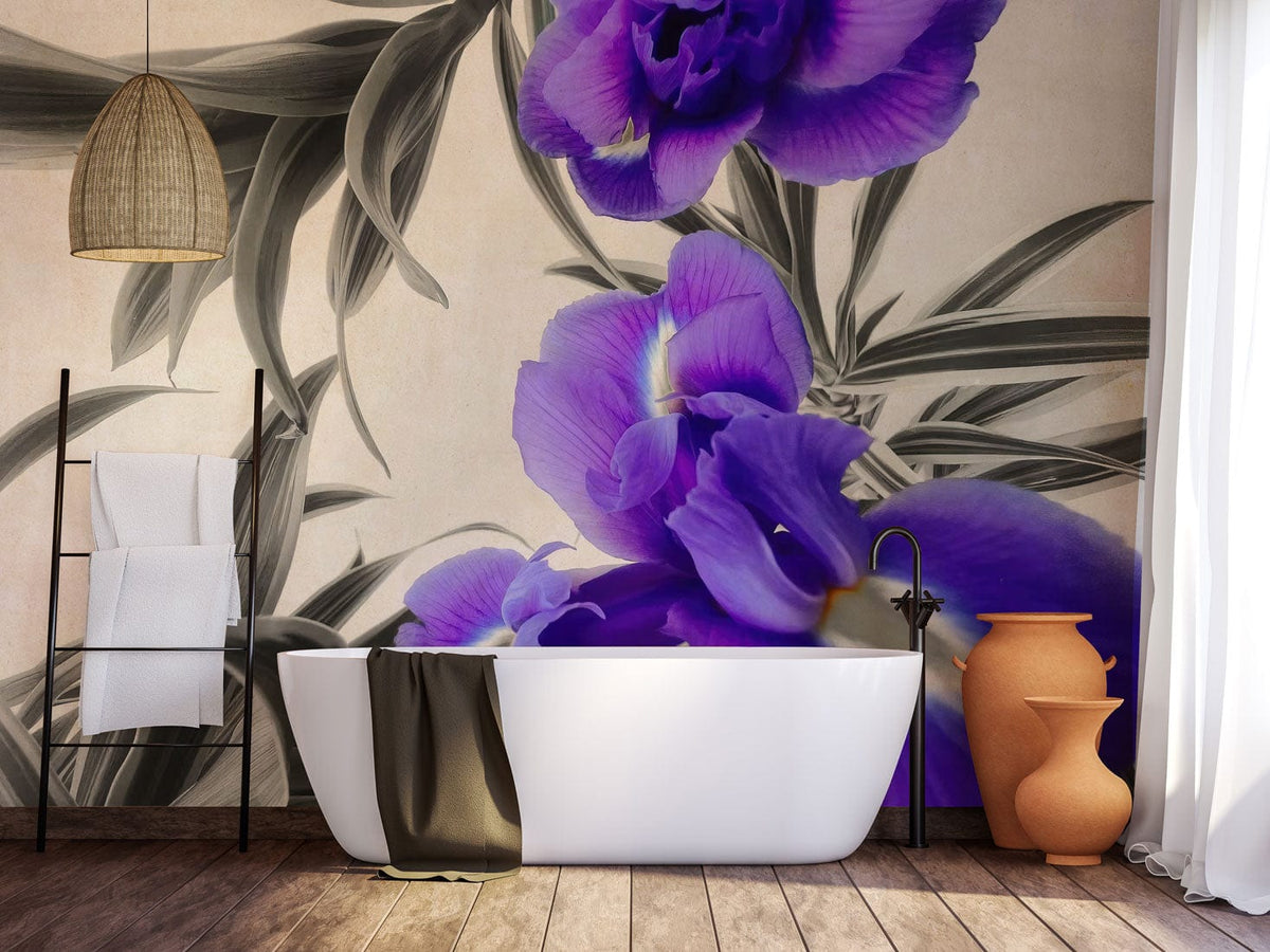 Vibrant purple floral mural wallpaper, grey leaf accents, white bathtub, wooden flooring, contemporary bathroom.