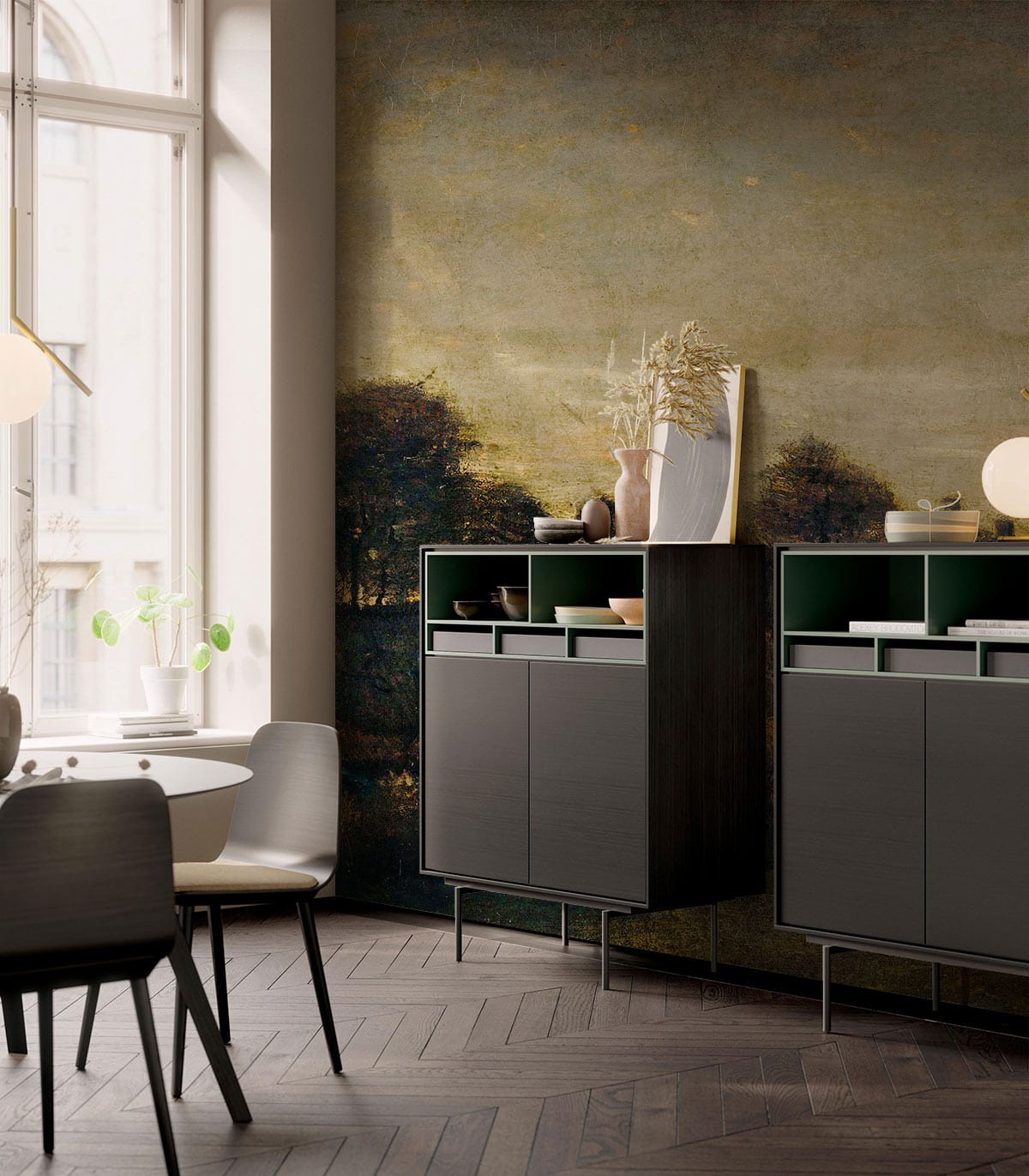 Rustic Countryside Mural Wallpaper, earthy tones, dining room setting with herringbone flooring and cabinets.