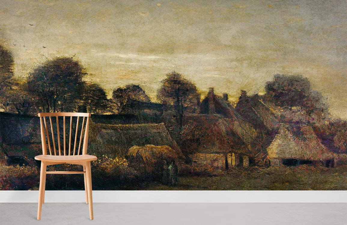 Rustic Countryside Mural Wallpaper, serene earthy tones, wooden chair, minimal decor, cosy room ambiance.