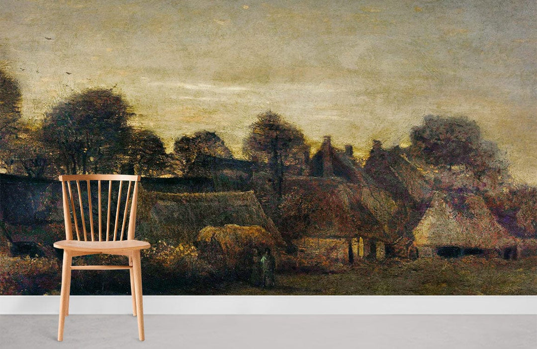 Rustic Countryside Mural Wallpaper, serene earthy tones, wooden chair, minimal decor, cosy room ambiance.