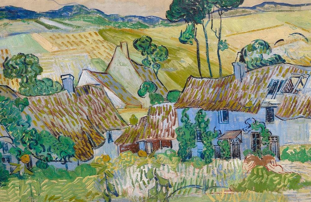 Charming Countryside Cottages Mural Wallpaper: Rustic Landscape, Vibrant Blue and Green Hues