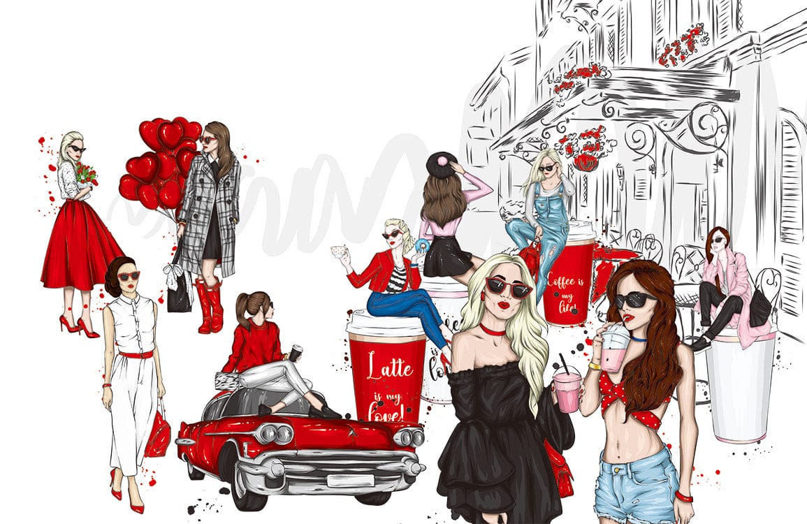 Chic Urban Fashion Illustration Mural Wallpaper with Red Accents and Modern Style