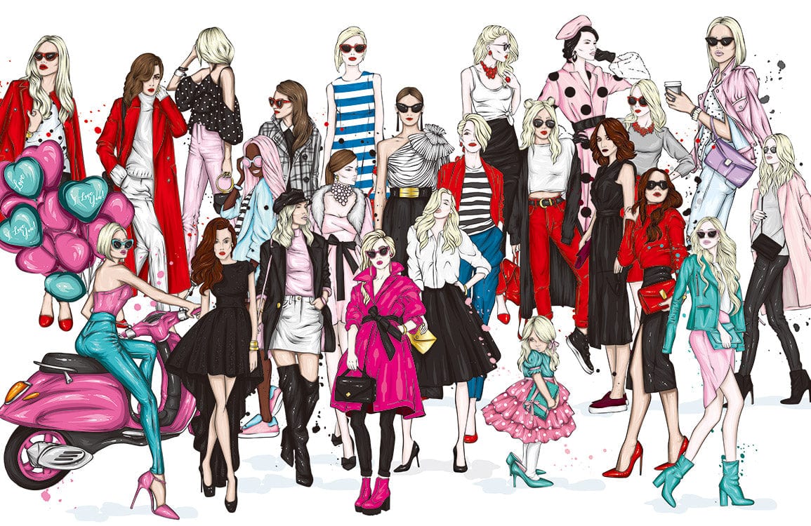 Chic Fashionista Pink & Red Illustration Mural Wallpaper for Trendy Interiors