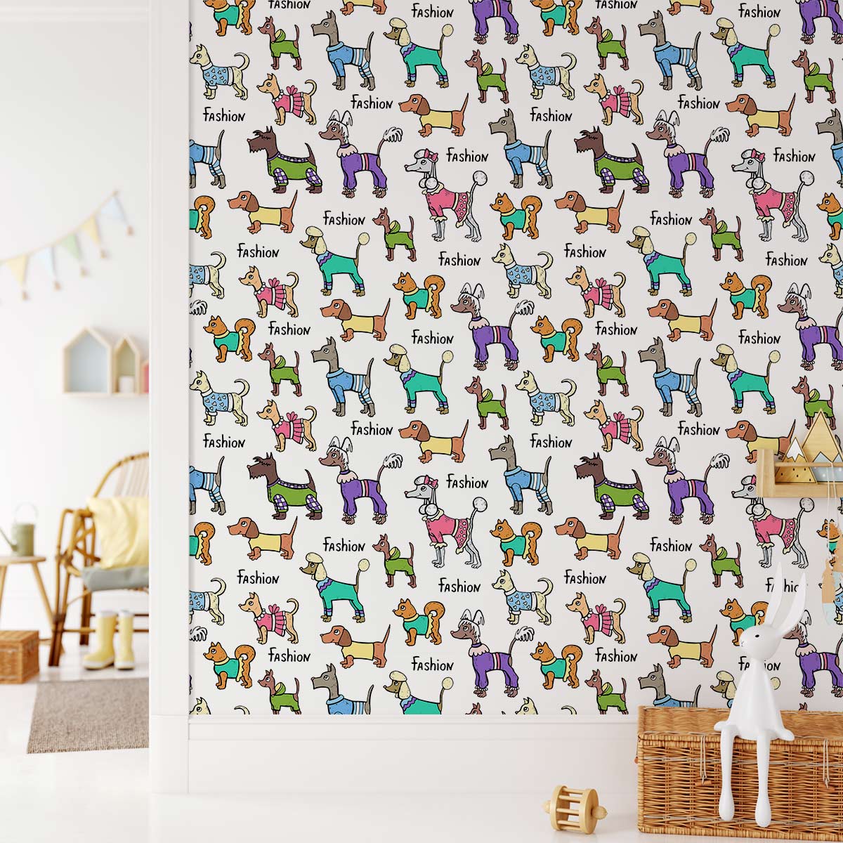 Vibrant dog-patterned wallpaper enlivening kids' room, complemented by wooden chair and minimalist decor.