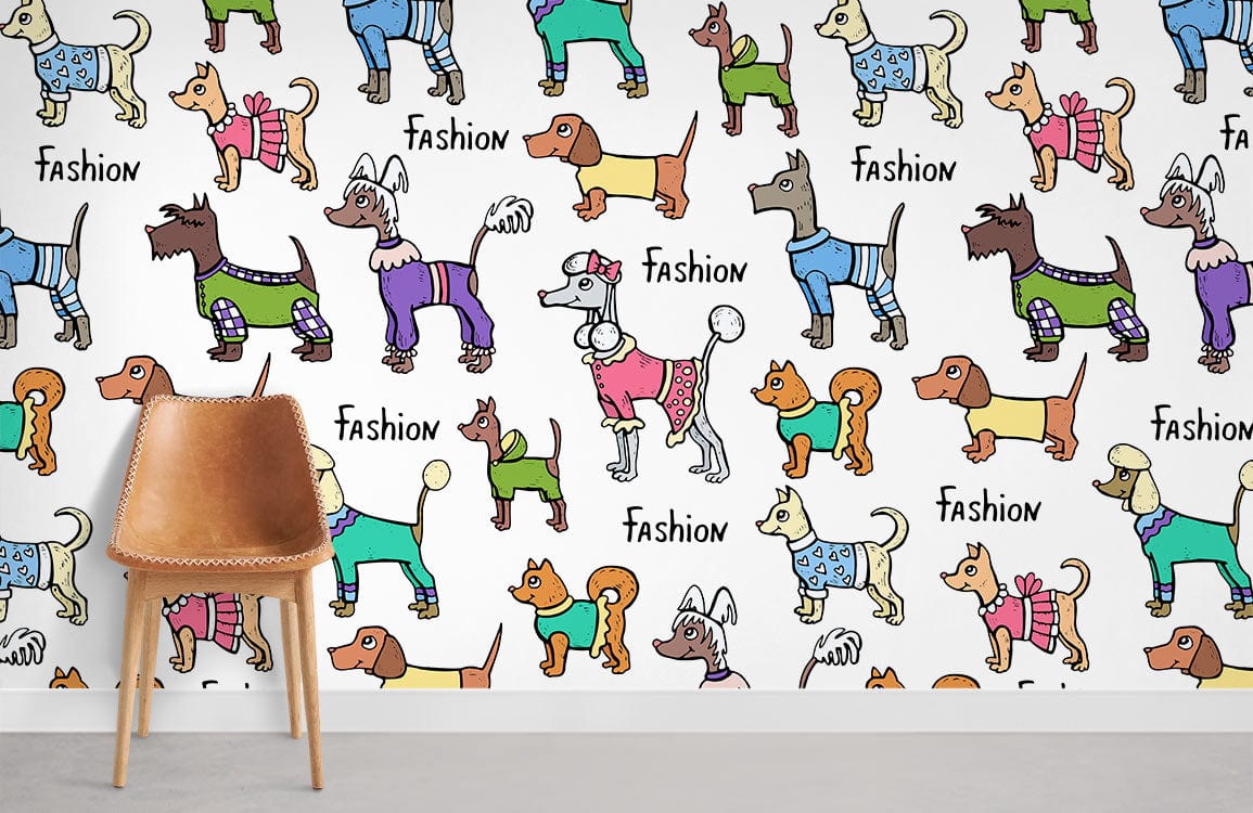 Vibrant dog-themed wallpaper with chair, ideal for kids' rooms and pet lovers' spaces, modern style.
