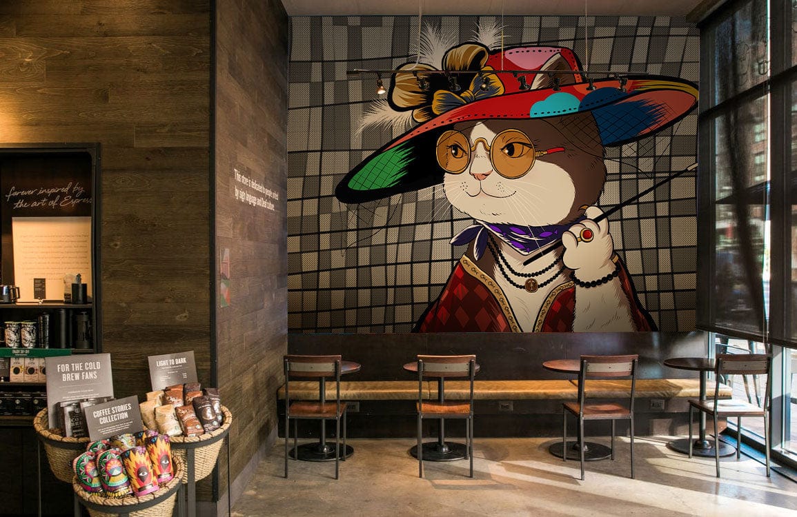 Chic Vintage Cat Wallpaper in cafe setting with wooden walls, modern tables, and cement flooring.