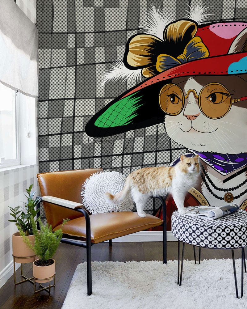 Chic Vintage Cat Wallpaper with Colourful Hat, leather chair, patterned stool in modern living room.
