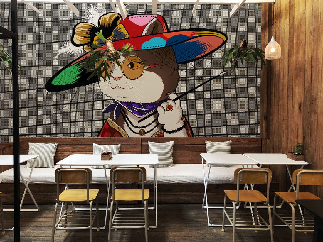 Chic Vintage Cat Wallpaper in Café Setting, Rustic Wood Walls, Quirky Style, Colourful Hat Design.