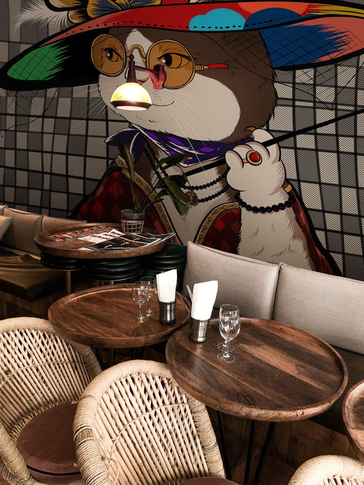 Chic cat wallpaper with colourful hat, wicker chairs, wooden tables, grey sofa in quirky café setting.