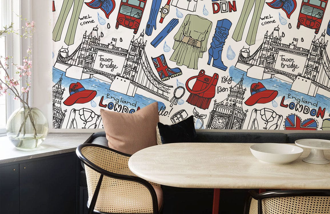 Colourful London Icons Pattern Wallpaper in stylish dining area with upholstered chairs, wooden dining table.