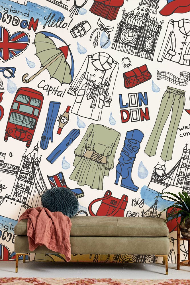 Vibrant London themed wallpaper complements beige sofa, enhancing British style decor elegance in living room.