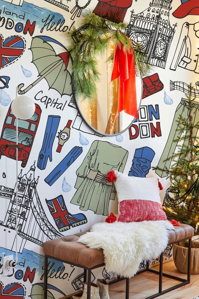 Colourful London Icons wallpaper features British style Décor, modern bench with cushion, festive mirror decor.