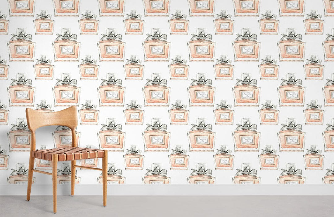 Vintage perfume bottle wallpaper in chic pastel, wooden chair, neutral floor in minimalist room.