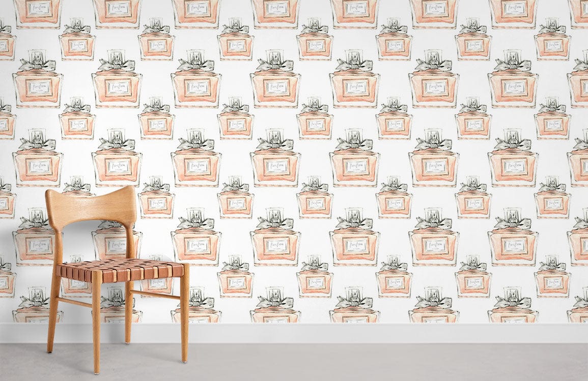 Vintage perfume bottle wallpaper in chic pastel, wooden chair, neutral floor in minimalist room.