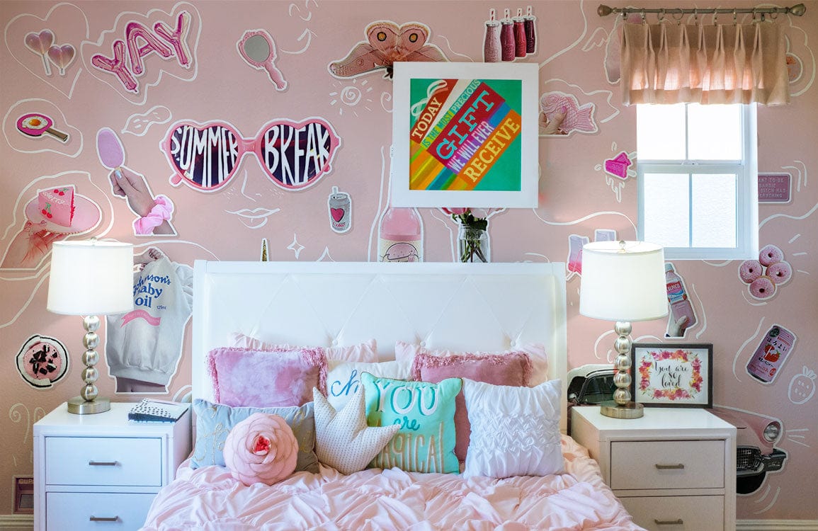 Vintage pink retro collage mural wallpaper in bedroom with white bed, pastel decor, and retro lamps.