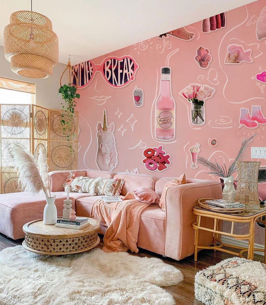 Vintage Pink Retro Collage Wallpaper with pink velvet sofa, wicker furniture, wooden flooring in cosy lounge.