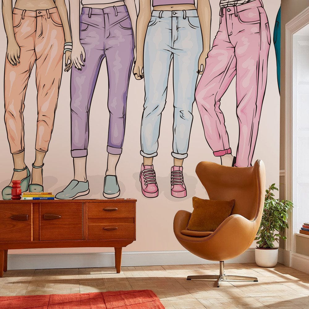 Bold Fashionista Jeans Pattern Mural Wallpaper in modern living room with vintage sideboard, orange chair.