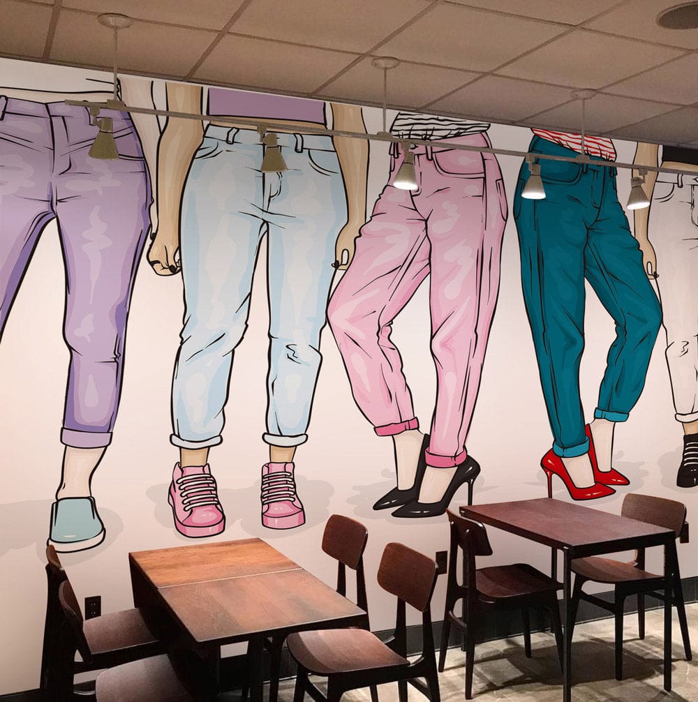 Bold Fashionista Jeans Mural Wallpaper in Cafe Setting, Wooden Tables, and Chairs, Trendy Interiors.