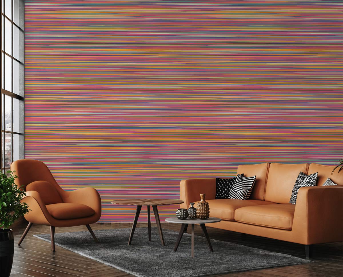 Vibrant striped wallpaper with retro brown sofa and armchair on dark wood flooring in living room.