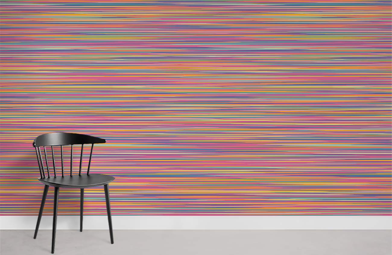 Vibrant multi-coloured stripes wallpaper, modern interior, black chair, grey flooring, stylish room design.