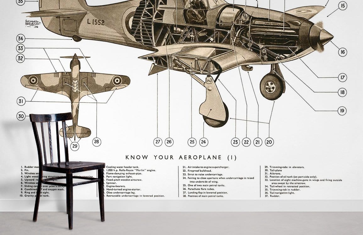 Vintage Brown Aircraft Diagram Mural Wallpaper with wooden chair on grey flooring, historical aviation design.
