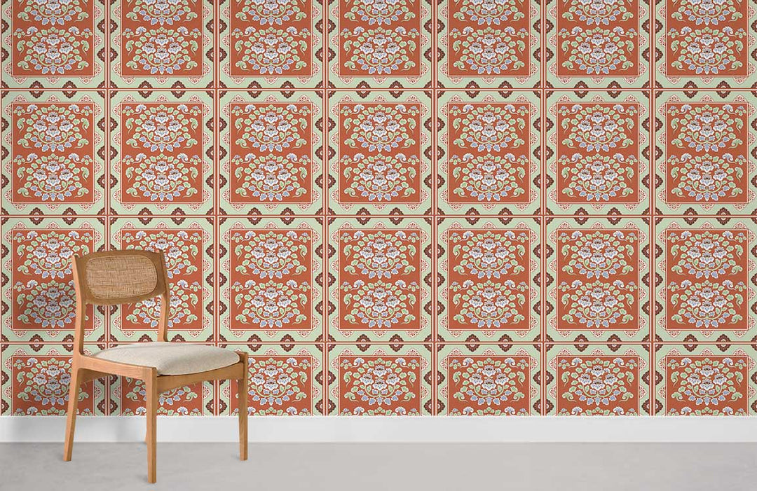 Retro floral wallpaper with chair, orange and cream pattern for chic decor, grey floor setting.