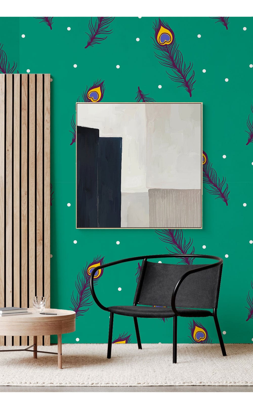 Black chair and abstract art complementing teal peacock feather pattern wallpaper in modern living room.
