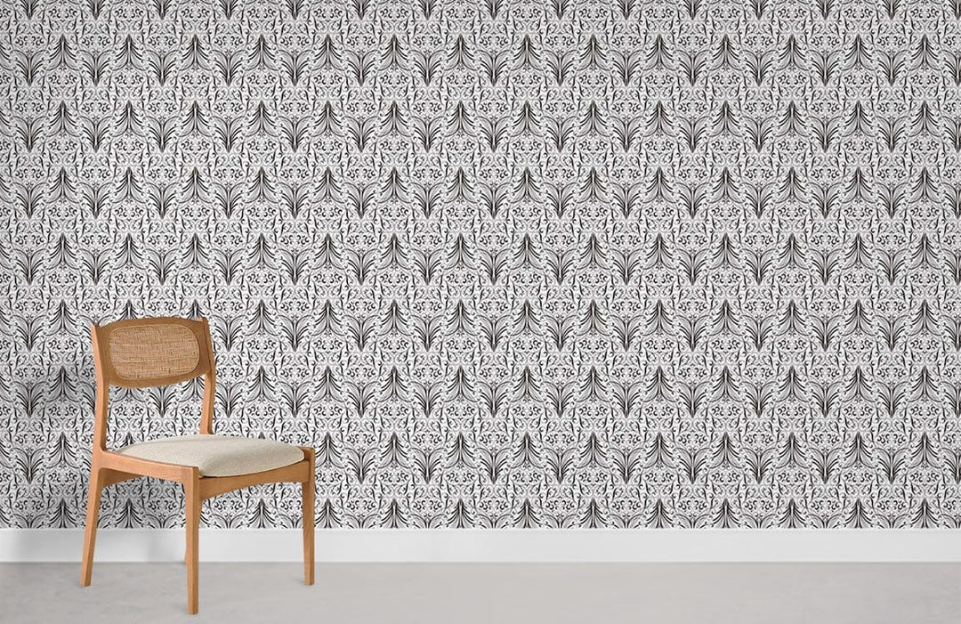 Elegant Monochrome Art Deco Pattern Wallpaper, wooden chair, modern minimalist interior design, grey flooring.
