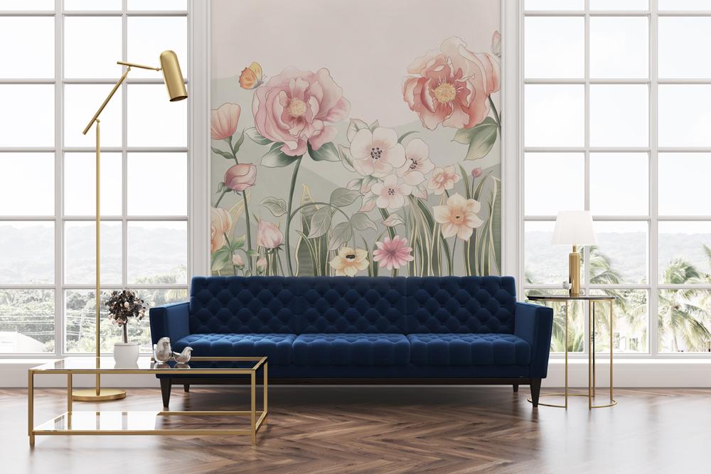 Pastel Blossom Meadow Mural Wallpaper with Butterflies in elegant living room, navy sofa, wooden flooring.