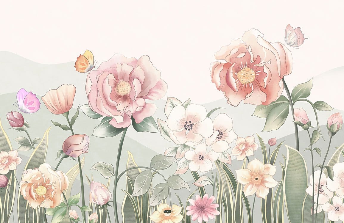 Pastel Blossom Meadow Mural Wallpaper with Butterflies - Floral Elegance Design